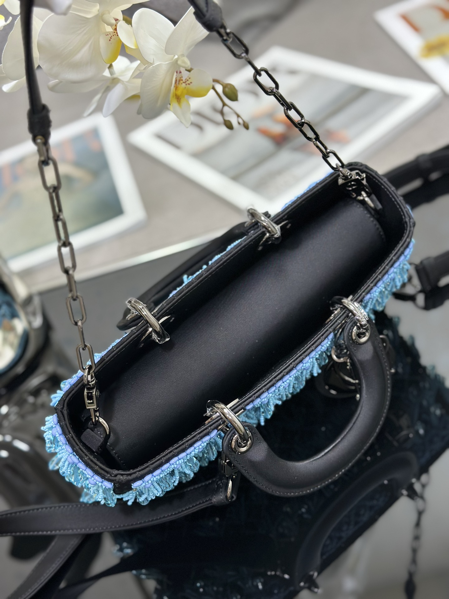 Medium Lady D-Joy Bag Black Satin Embroidered with Blue Beads